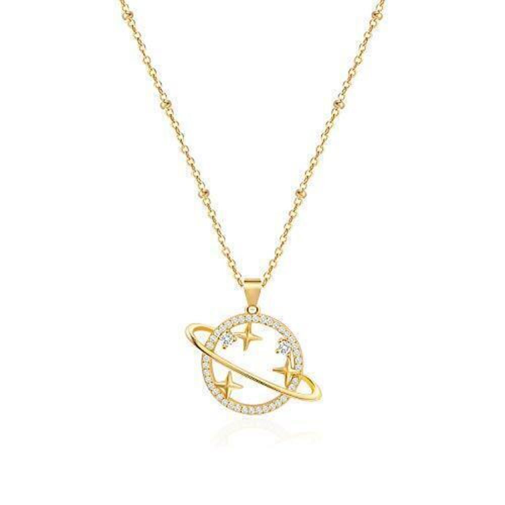 4239 18K Gold Saturn Planet Necklace Pave Cubic Zirconia Pendant Necklace